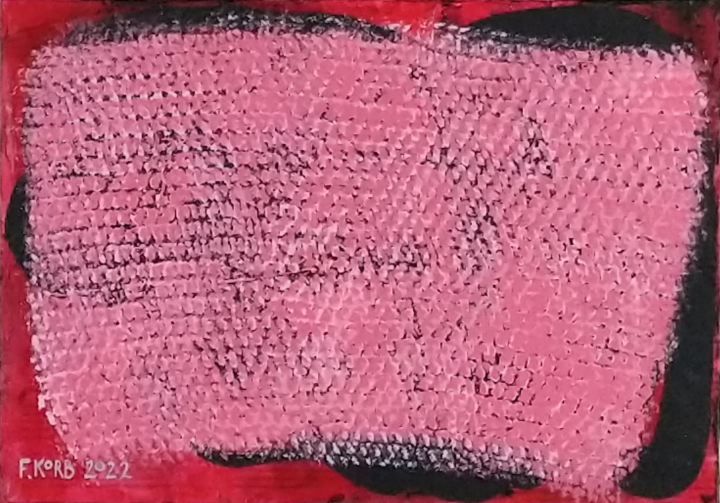 An Undue Burden or Substantial Obstacle (Red 3) Frank Korb Acrylic, Roll-A-Tex, Collage: Texas House Bill HB2, 2013, Pink Hat Print (hat knit by Abby Korb), on Canvas, 10 1/2” x 15 1/8”, 2022.