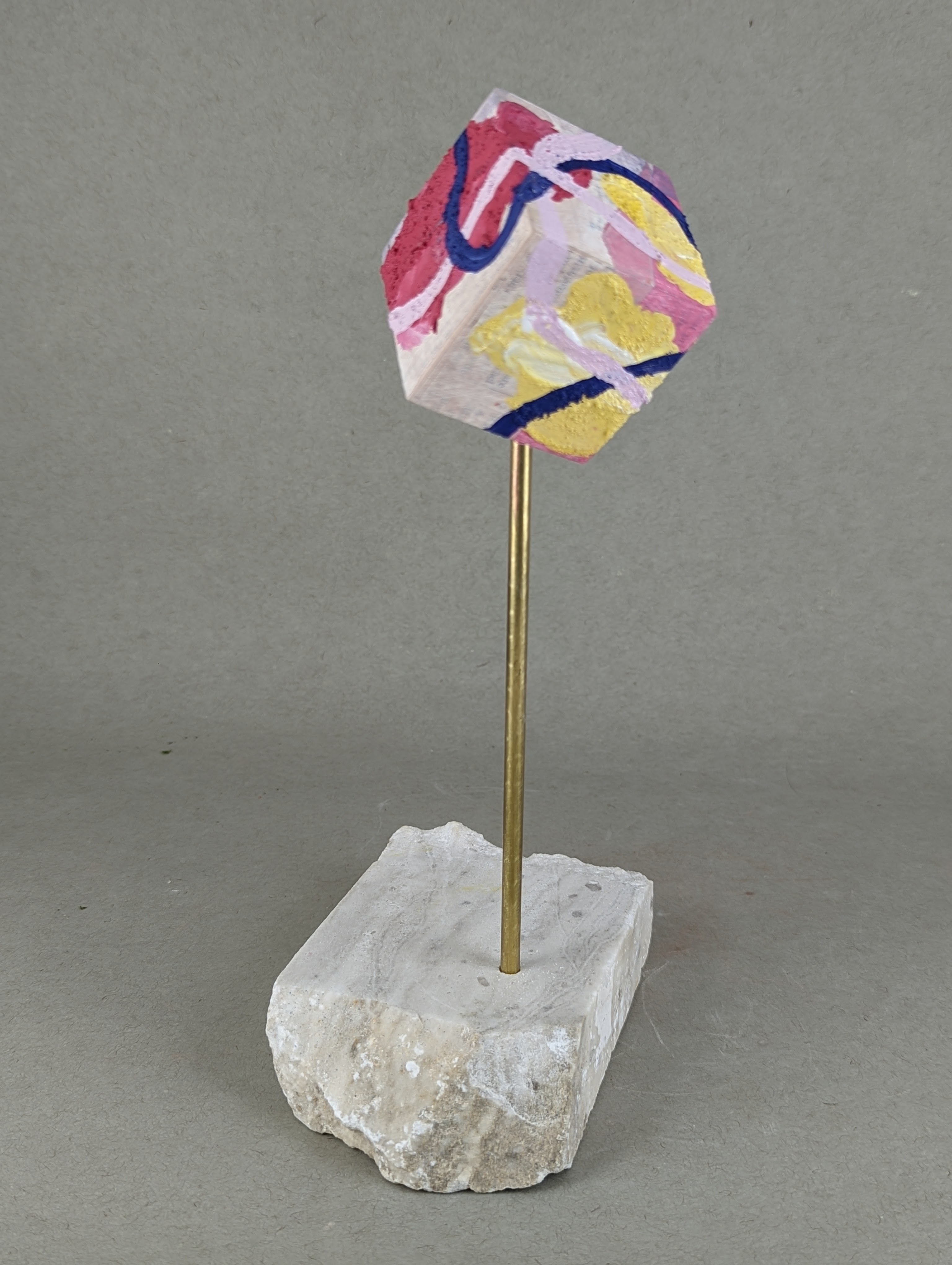 "We Have It Entirely," Frank Korb, Acrylic, Collage, Sand, Pine, Brass, Soapstone, 10" x 3" x 3", 2022.